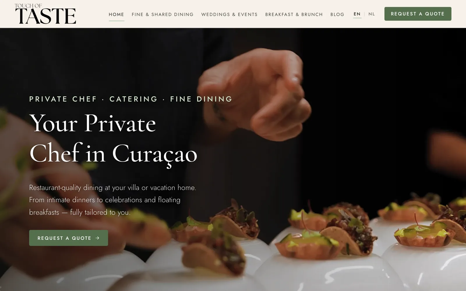 Homepage of Touch of Taste Culinary: the heading 'Your Private Chef in Curaçao' over a close-up of a hand garnishing small bites, with a button to request a quote.